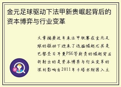 金元足球驱动下法甲新贵崛起背后的资本博弈与行业变革